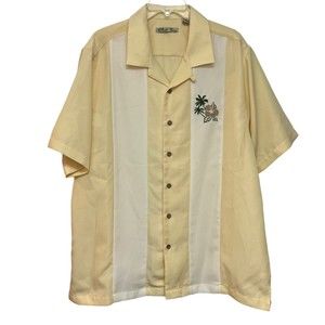 Batik Bay Yellow Chamois Hawaiian Floral Short Sleeve Button Up Shirt Size L